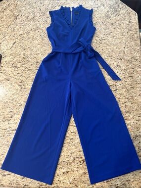 Wide Leg Cropped Jumpsuit | Ruffle V Neck | Royal Blue | Andrew Marc